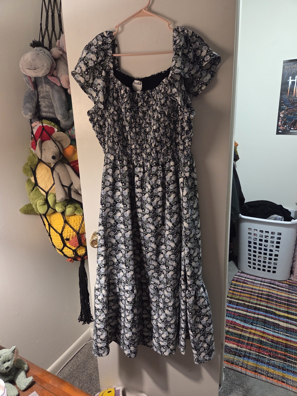 Black and White Floral Smocked Midi Dress